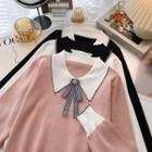 Long-sleeve Color Block Bow Accent Knit Top