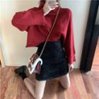 Turtleneck Ripped Sweater / Furry Mini A-line Skirt
