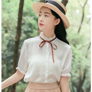 Frill Trim Short-sleeve Tie-neck Blouse