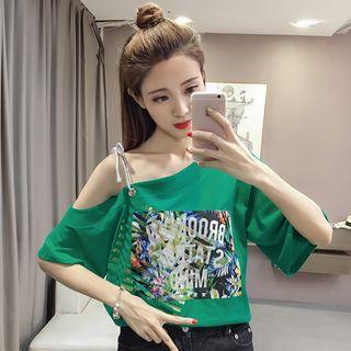 Print One-shoulder Short-sleeve T-shirt