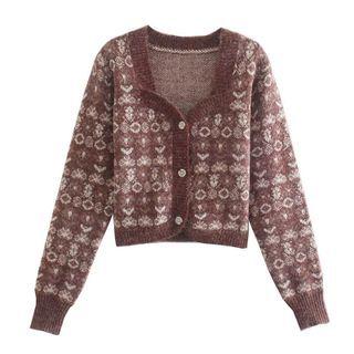 Long-sleeve Pattern Button-up Cropped Knit Top