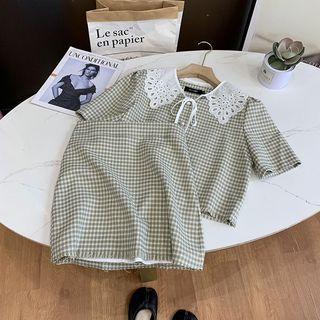 Set: Short-sleeve Eyelet Lace Check Top + Mini Skirt