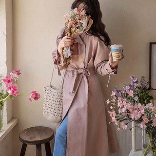 Round-collar Double-breasted Coat With Sash Pink - One Size
