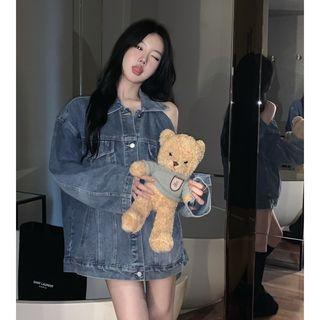 Cold-shoulder Denim Jacket Blue - One Size