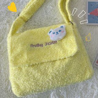 Letter Embroidered Fluffy Messenger Bag / Bag Charm / Set