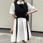 Short-sleeve A-line Shirtdress / Cutout Square-neck Vest
