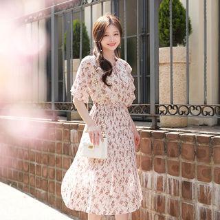 Tie-neck Frilled Pleat-hem Midi Floral Dress