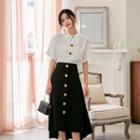 Contrast Stitching Short-sleeve Blouse / Button Midi A-line Skirt