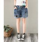 Cat Embroidered Roll-up Denim Shorts