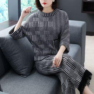 Set: Elbow-sleeve Herringbone Panel Sweater + Plaid Wide-leg Pants