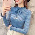 Long-sleeve Bow-accent Ruffled Knit Top