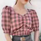 Plaid Ruched Elbow-sleeve Cropped Blouse