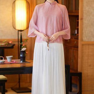 Elbow-sleeve Plain Blouse / Midi A-line Skirt