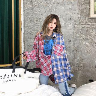 Color Block Plaid Asymmetric Shirt