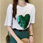 Elbow-sleeve Sequined Heart T-shirt