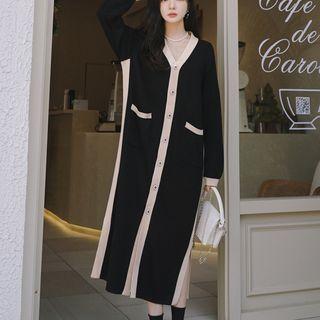 V-neck Contrast Trim Midi Shift Dress