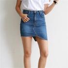 Inset Shorts Asymmetric Fray-hem Denim Mini Pencil Skirt