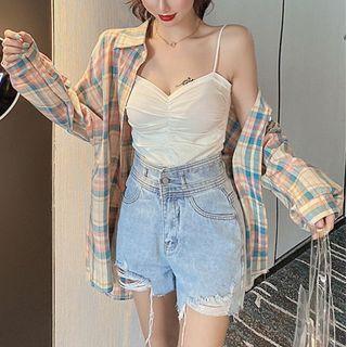 Plaid Shirt / Plain Camisole / Distressed Denim Shorts