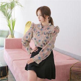Collared Frill-trim Floral Top