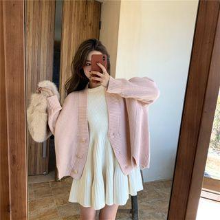 Plain Cardigan / Long-sleeve Mini A-line Knit Dress