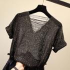 Short-sleeve Ripped Glitter Knit Top