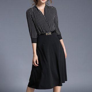 3/4-sleeve Striped V-neck A-line Dress
