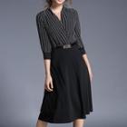 3/4-sleeve Striped V-neck A-line Dress