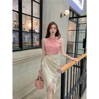 Sleeveless Halter-neck Top / Asymmetrical Midi Pencil Skirt
