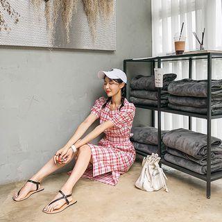 Puff-sleeve Linen Blend Plaid Dress