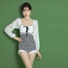 Long-sleeve Houndstooth Panel Swimsuit