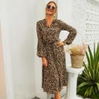Leopard Print Long-sleeve Midi Shift Dress