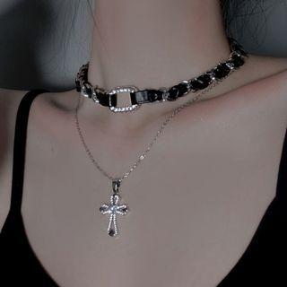 Layered Rhinestone Cross Pendant Choker Black & Silver - One Size