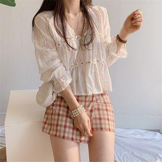 Bell-sleeve Blouse / Plaid Mini Pencil Skirt