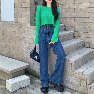 Long-sleeve Plain Top / Wide-leg Jeans