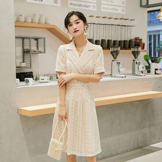 Puff-sleeve Collared Lace Embroidered A-line Dress