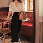 V-neck Shirt / High Waist Midi Pencil Skirt / Set