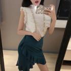 Embellished Sleeveless Ruffle Blouse / Ruffle Pencil Skirt