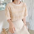 Round-neck Crinkled Plaid Blouse Beige - One Size