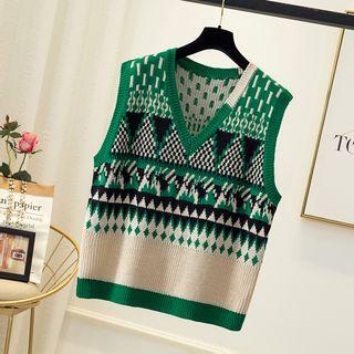 V-neck Jacquard Knit Vest Green - One Size