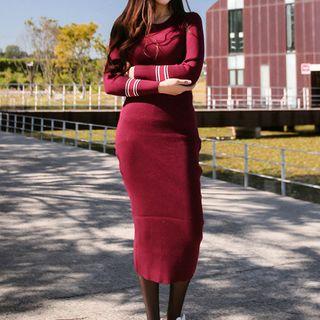 Long-sleeve Contrast-stripe Knit Sheath Dress