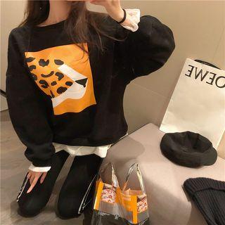 Leopard Print Mock Two-piece Sweatshirt Black - One Size
