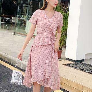 Dotted Ruffle Short-sleeve Midi A-line Dress