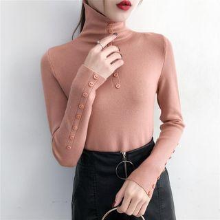 Turtleneck Button Accent Long-sleeve Knit Top