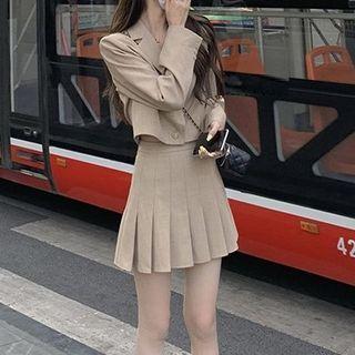 Set: Plain Cropped Blazer + Pleated Skirt
