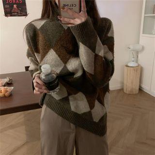 High-neck Argyle Knit Sweater