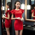 Short-sleeve Ruffle Trim Sheath Dress