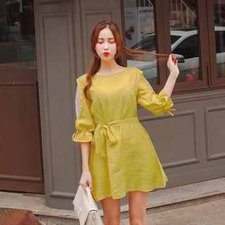 Sheer-sleeve A-line Mini Dress With Sash