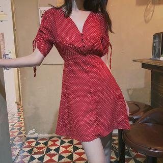 Short-sleeve Dotted A-line Dress White Dots - Red - One Size
