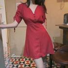 Short-sleeve Dotted A-line Dress White Dots - Red - One Size