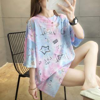 Tie-dye Print Cartoon Elbow-sleeve T-shirt